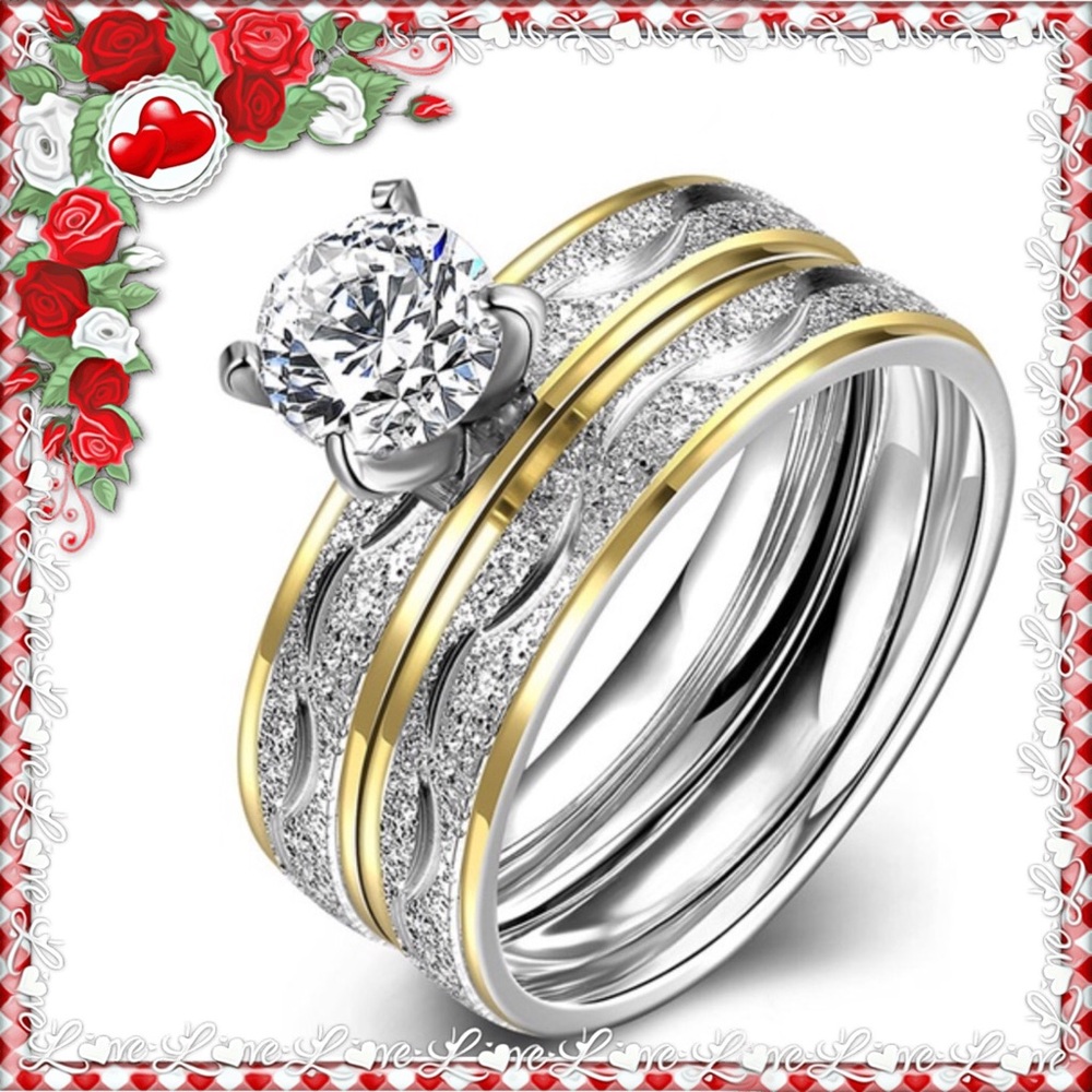 💍 SILVER & GOLD SOLITAIRE PROMISE RING and WEDDING BAND SET. NWT. Sz 7